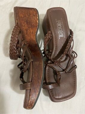 Vintage 90s Y2K Rinaldi Braided Brown Leather Wooden Wedge Sandals